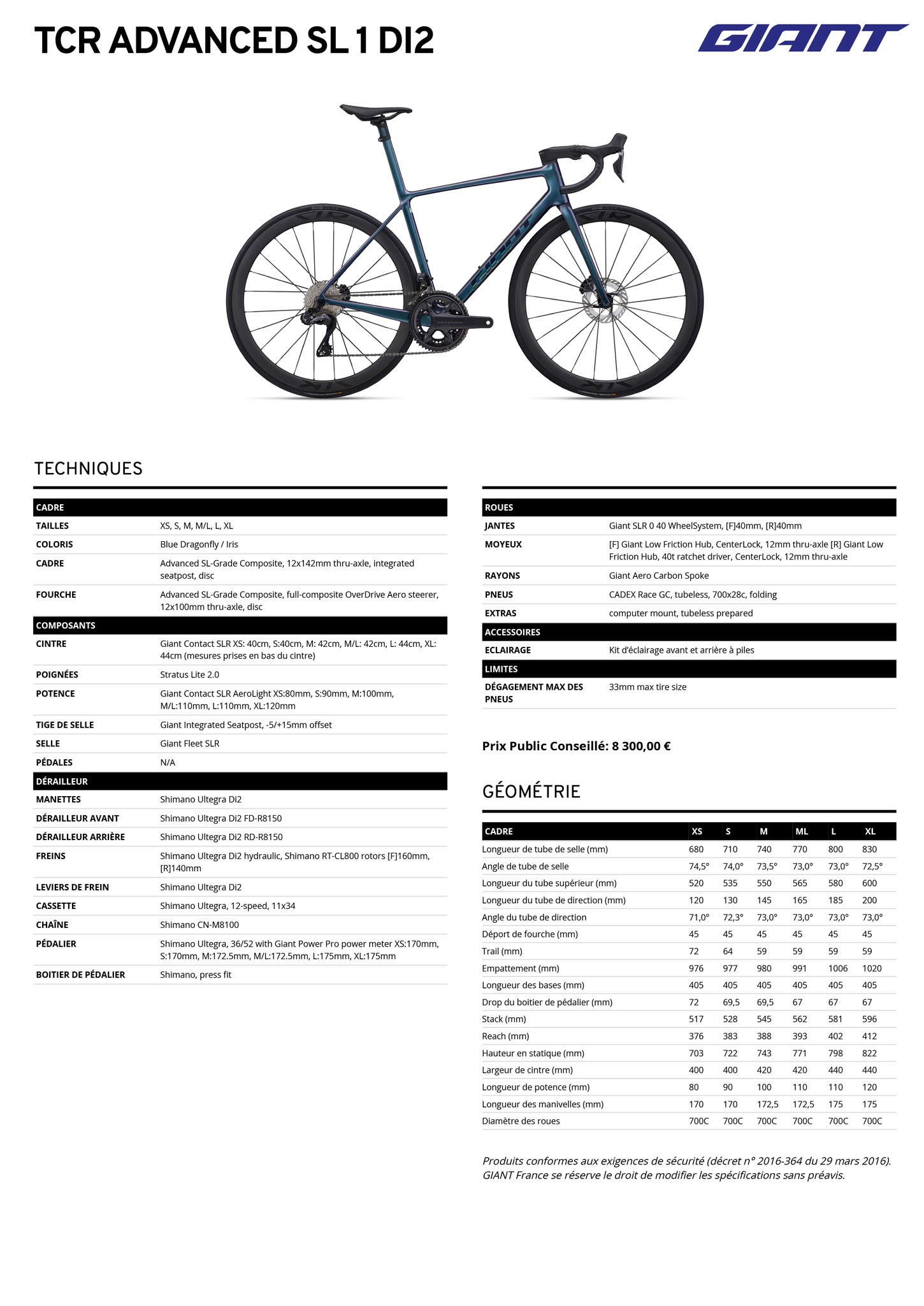 Fiche technique du velo TCR Advanced SL 1 Di2 année 2025